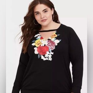 Torrid Black Floral Bouquet Blooms Choker V-Neck Long Sleeve Sweatshirt ~ Size 1